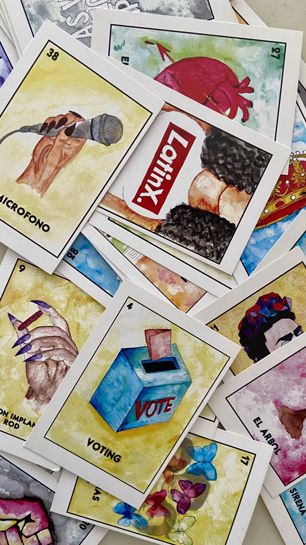 Stephanie Guillermina Castro's Reproductive Justice Lotería cards with voting, microfono, and LatinX cards showing
