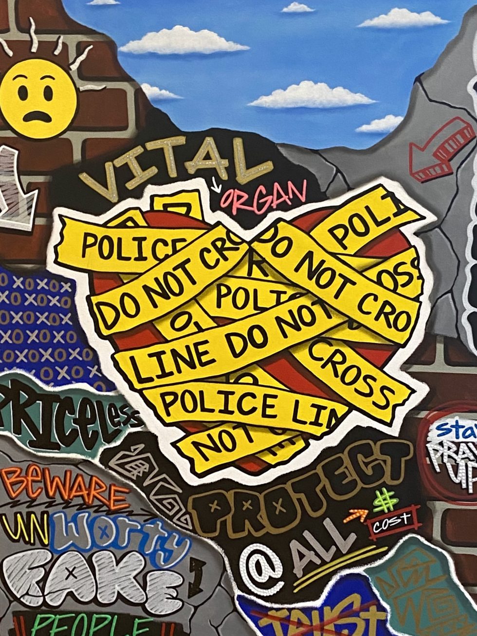 A red emoji heart wrapped with caution type tape that says Do Not Cross Police. The surrounding area has a brick wall, typography with the words priceless, protect at all cost, beware unworthy fake people, vital organ, and the word trust crossed out. There is a shocked upset emoji face in the left top corner.