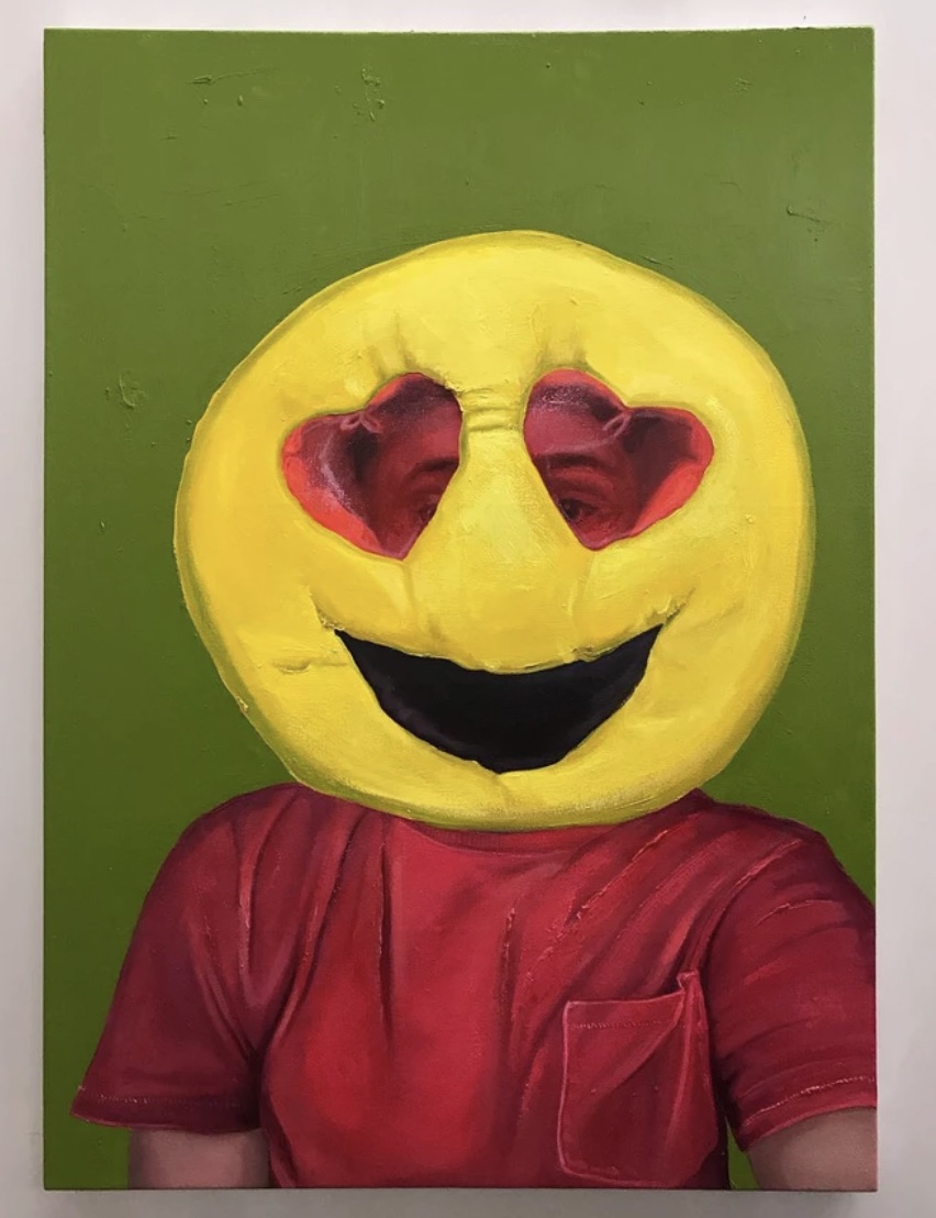 Chloe Torri's artwork of a person wearing a red shirt with a green background. A smiling emoji is in front of their face with a human face still showing through heart eyes slightly.