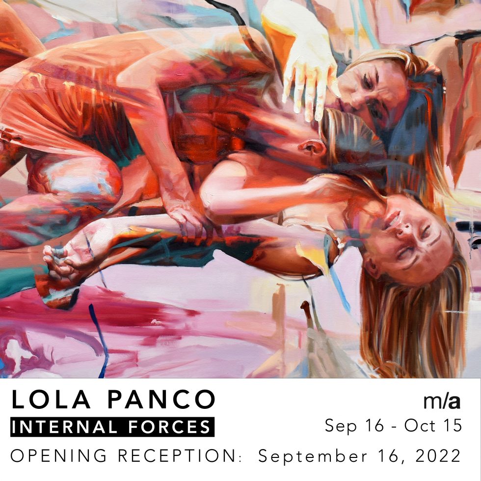 A painting of Lola Panco with three of her body is in layers with transparency and they split with emotions and directions in movement