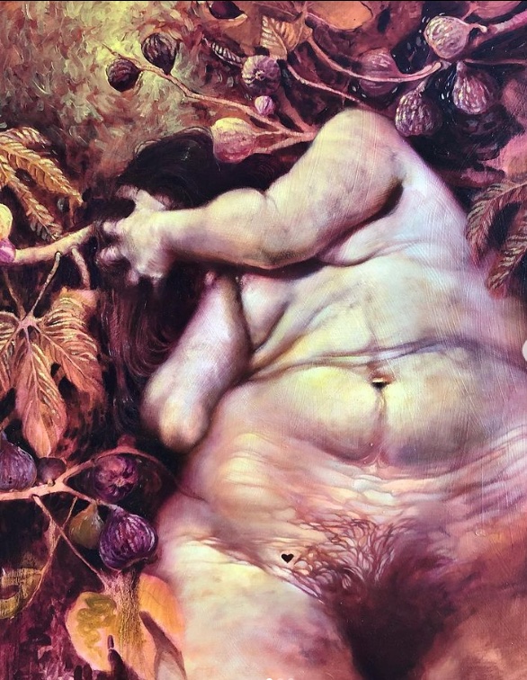 Caitlyn Swift moody unclothed figure laying in leaves with hand over turned away face