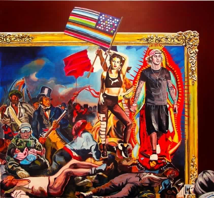A meme recreation of the painting Robert Colescott's homage to delacroix,Selena Gomez holds a flag and Justin Bieber is to her right.
