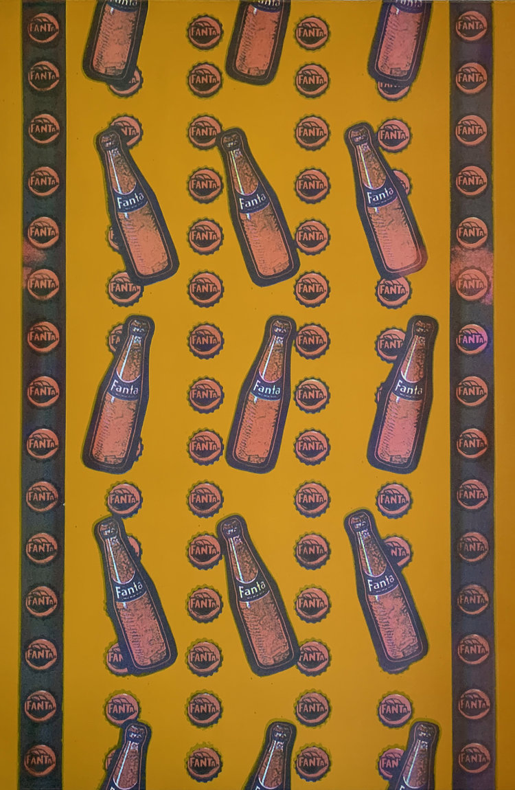 3 columns and 5 rows of a glass Fanta bottle printed in a vertical zig zag pattern. Two black stripes along the left and right have Fanta caps from top to bottom.