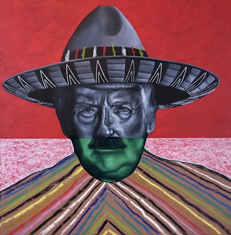 A split in half image with Trump wearing a sombrero on top and a different with with a mustache for the bottom half of his face. The bottom half is wearing a Poncho.
